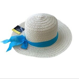 Hat Chapeau Blue Bow Sash Floppy Paper Straw Summer Sun Hat One Size